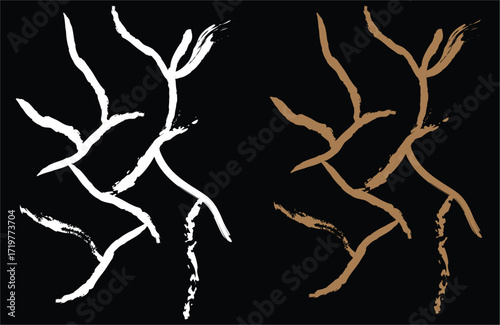 Abstract branches in white and brown on a stark black background design art
