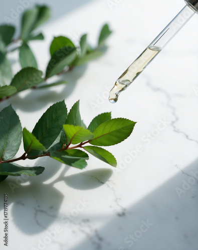 Natural cosmetic serum dripping from a pipette with green leaves on a marble background