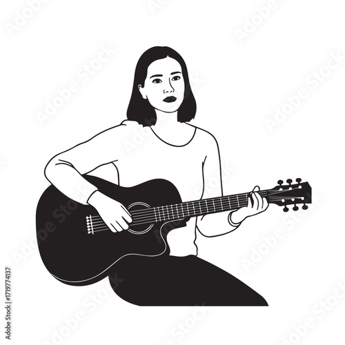 Black and white line art of a cool woman playing guitar in casual outfit minimalist stylish illustration