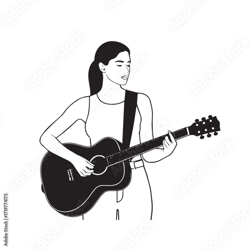 Black and white line art of a cool woman playing guitar in casual outfit minimalist stylish illustration