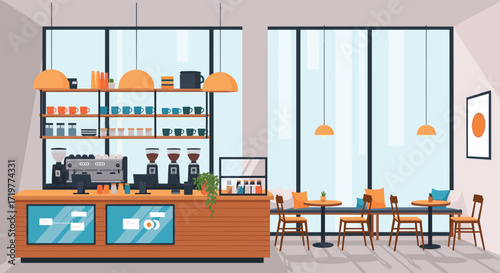 A modern coffee shop interior with a barista station and seating area.