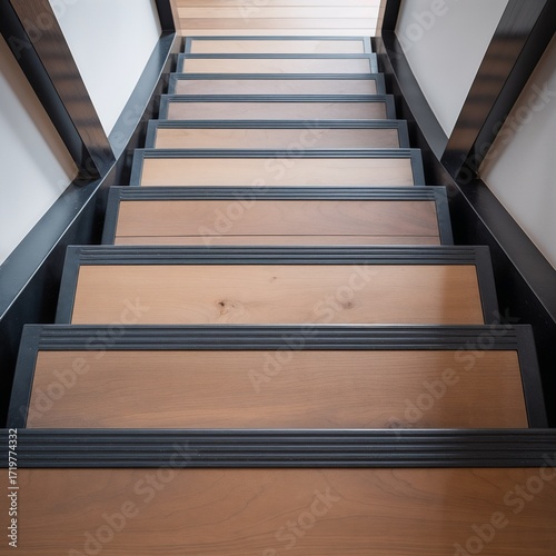 Overhead view of wooden steps with dark metal details