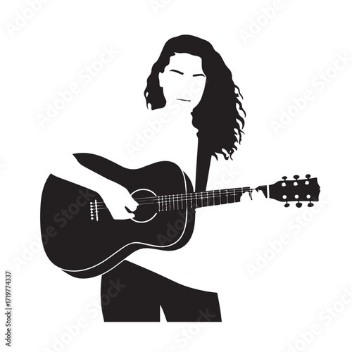 Black and white line art of a cool woman playing guitar in casual outfit minimalist stylish illustration
