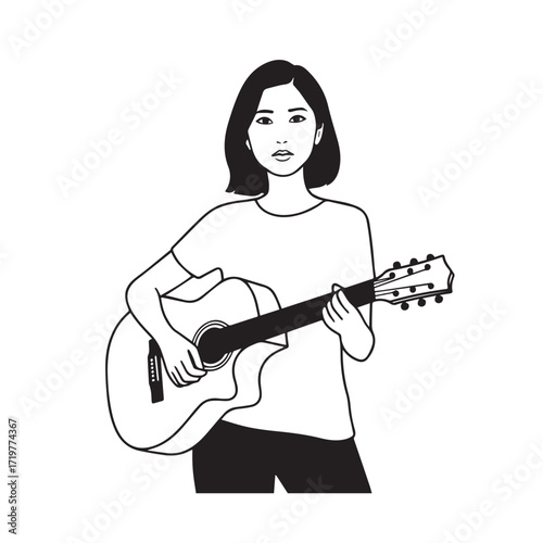 Black and white line art of a cool woman playing guitar in casual outfit minimalist stylish illustration