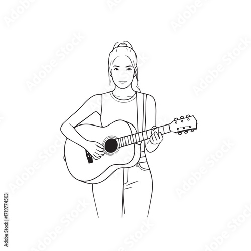 Black and white line art of a cool woman playing guitar in casual outfit minimalist stylish illustration