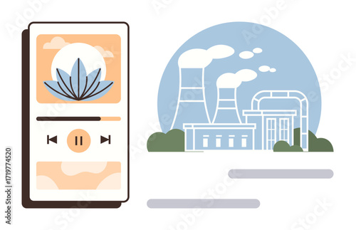 Mobile music app interface with play controls beside industrial factory emitting smoke, showcasing technology vs. environment. Ideal for energy, technology, pollution, contrast, industry, innovation