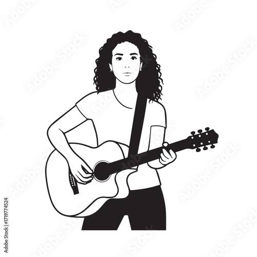 Black and white line art of a cool woman playing guitar in casual outfit minimalist stylish illustration