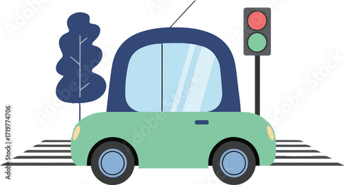 Vector art of cartoon car at traffic light