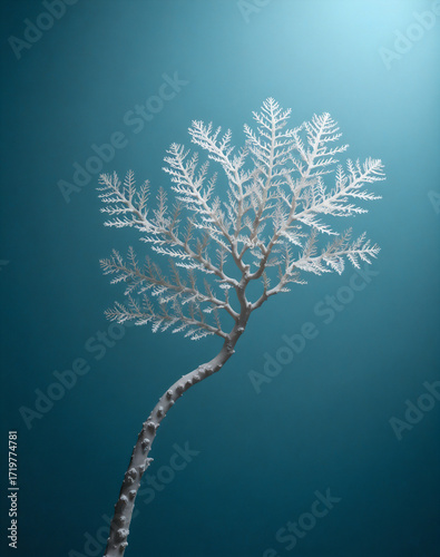 Magical white tree resembling sea coral or frost on a blue background