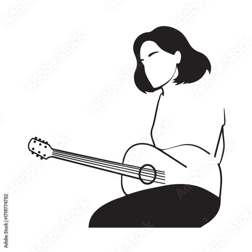 Black and white line art of a cool woman playing guitar in casual outfit minimalist stylish illustration