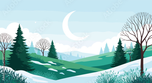 Pixel art winter landscape with rolling hills and a crescent moon in the sky.