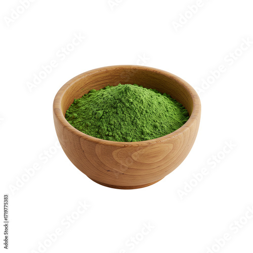 Matcha green tea powder in wooden bowl Generative AI