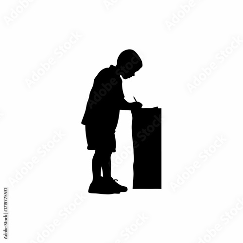 Silhouette of boy filling out hospital form at reception isolated on white background