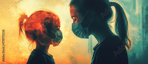 Two people wearing masks against a backdrop of smog, symbolizing air pollution, useful for articles about environmental issues and the impact of pollution on health.
