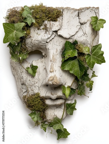 Nature and Art, Wooden Mask with Ivy, Environmental Symbol, Antique Theatrical Face Sculpture, Green Growth Concept
