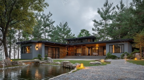 A single story modern house nestled among tall pine trees features stone and glass panels wooden flooring floor to ceili