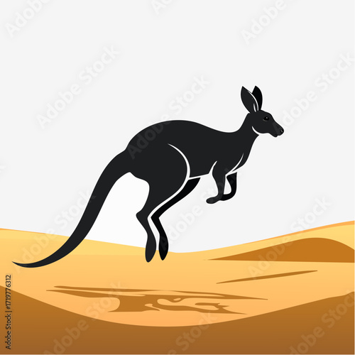 Elegant black kangaroo silhouette captured in a vibrant jump, illustrating Australian wildlife against a minimalist desert landscape in a clean and graphic vector icon style