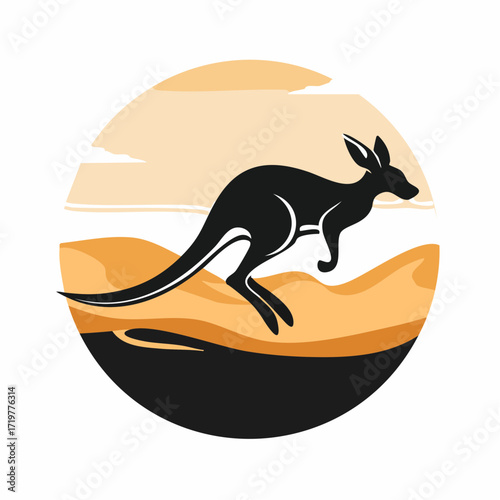 Kangaroo Silhouette Jumping in the Desert Landscape Circle