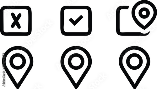 Location and Confirmation Icons Vector Set A Versatile Collection for Maps, Checkmarks, and Crosses in Modern Designs