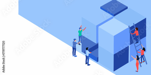 Diverse team collaborating to build and assemble large abstract geometric cubes using ladders in a modern isometric style