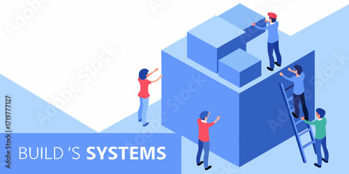 Team of people building and constructing abstract geometric shapes and systems together