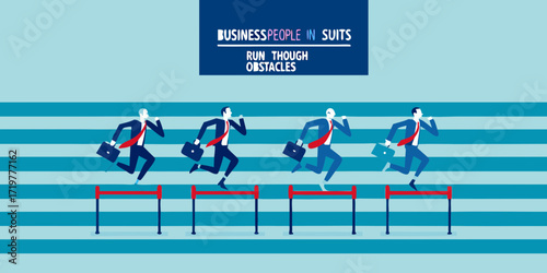 Business people in suits running through hurdles representing challenges and obstacles in a corporate race