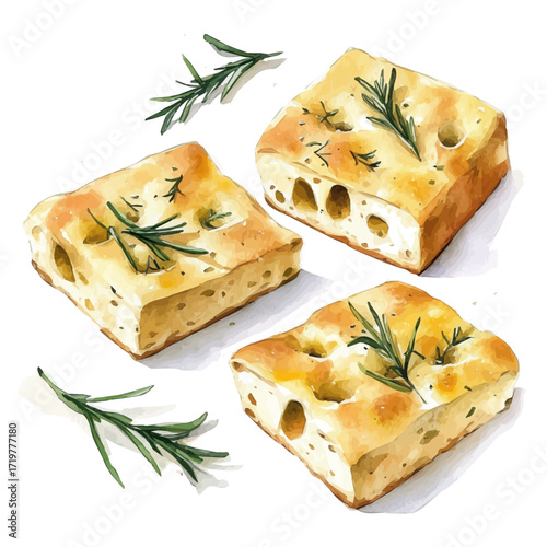 Elegant watercolor art of a focaccia bread, soft artistic strokes, isolated on a clean white background, vector-based EPS illustration.