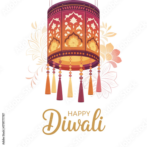 A celebratory Diwali greeting card featuring a beautifully detailed traditional paper kandil lantern