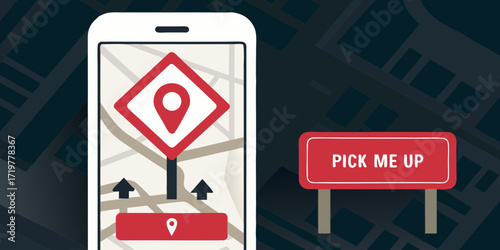 Smartphone navigation app displaying a map with a prominent pin marker and a separate pick up sign