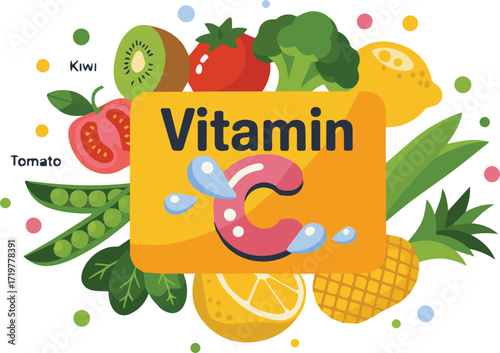 Vector art of vitamin c illustration with fruits and vegetables