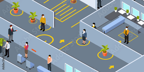 Isometric view of office workers maintaining social distancing and wearing masks in a modern office environment