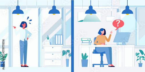Two women in an office setting one pointing with frustration and the other with a question mark above her head