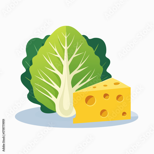 A wedge of Swiss cheese with holes next to a head of crisp green lettuce.