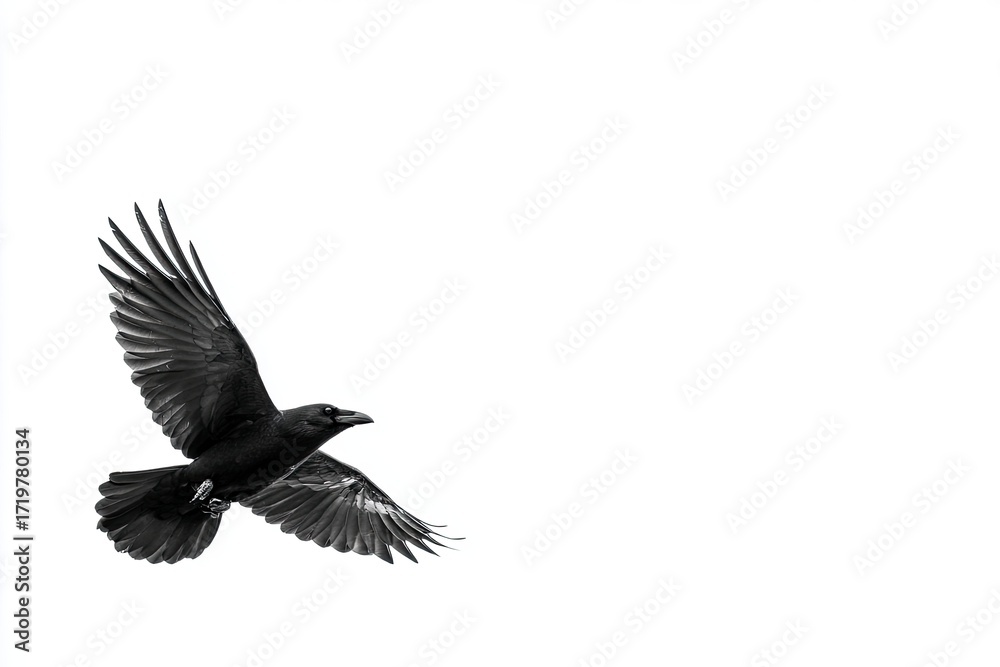 Obraz premium Black Crow in Flight Against White Background