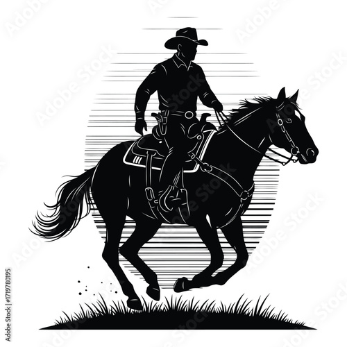 Vector art of cowboy riding a horse in silhouette isolated on white