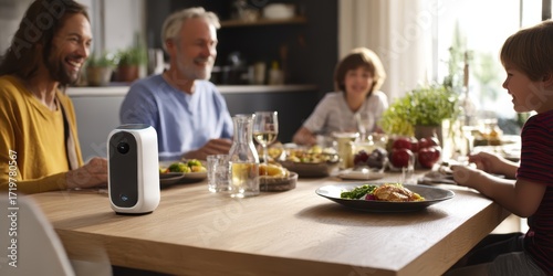 Happy family having dinner together at a modern dining table, interacting with a smart voice assistant device placed nearby.