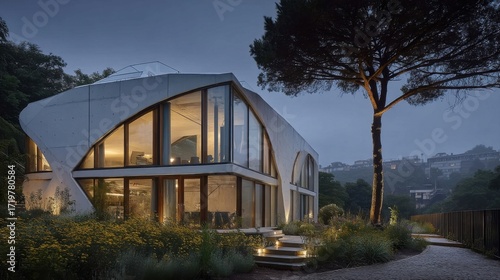Modern architectural building with smooth concrete surfaces and large glass windows,