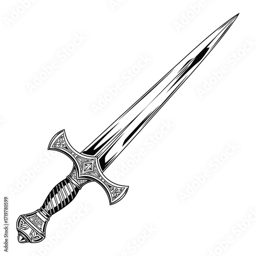 Vector art of black and white illustration of a medieval dagger