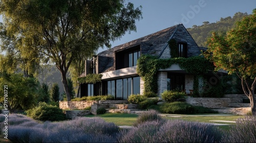 A modern house with large glass windows and stone exterior surrounded by lush landscaping including lavender bushes,