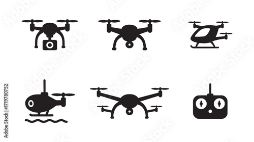 bundle of diverse drone and remote control silhouettes for aviation and technology themes