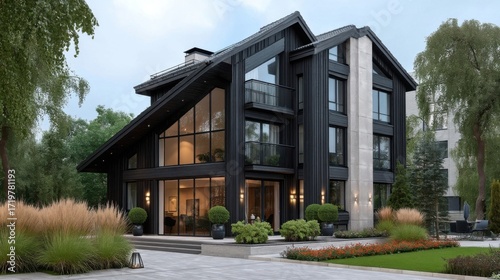 Modern multi-story residential house with dark exterior walls, large glass windows, sharp angles, gabled roofs,