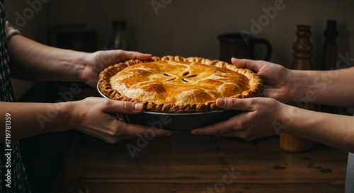 Two hands sharing a freshly baked pie on a wooden table  