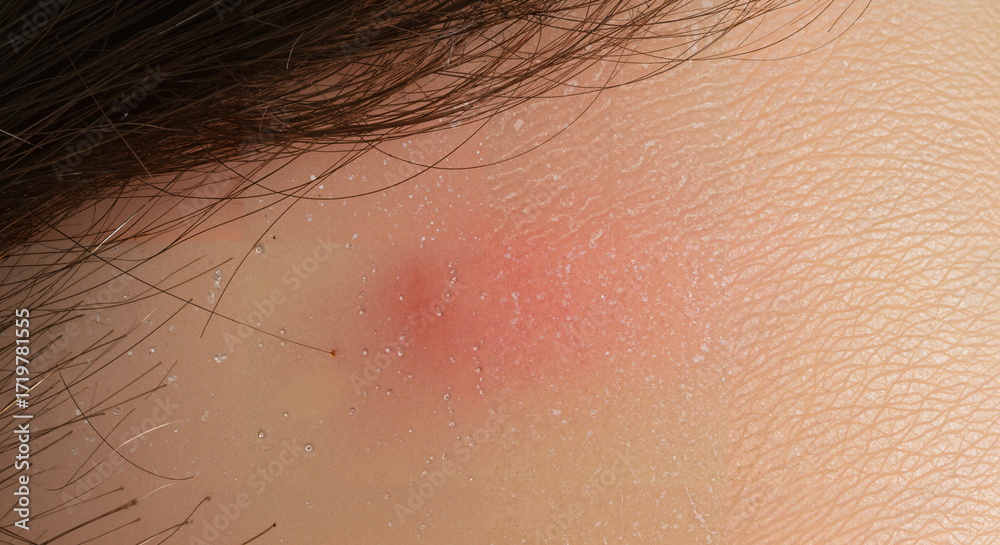 Fototapeta premium Close-up of skin with a red rash on forehead 