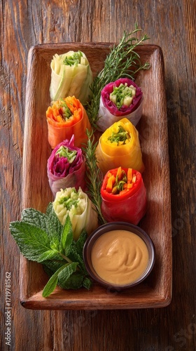 Colorful vegetable spring rolls with dipping sauce