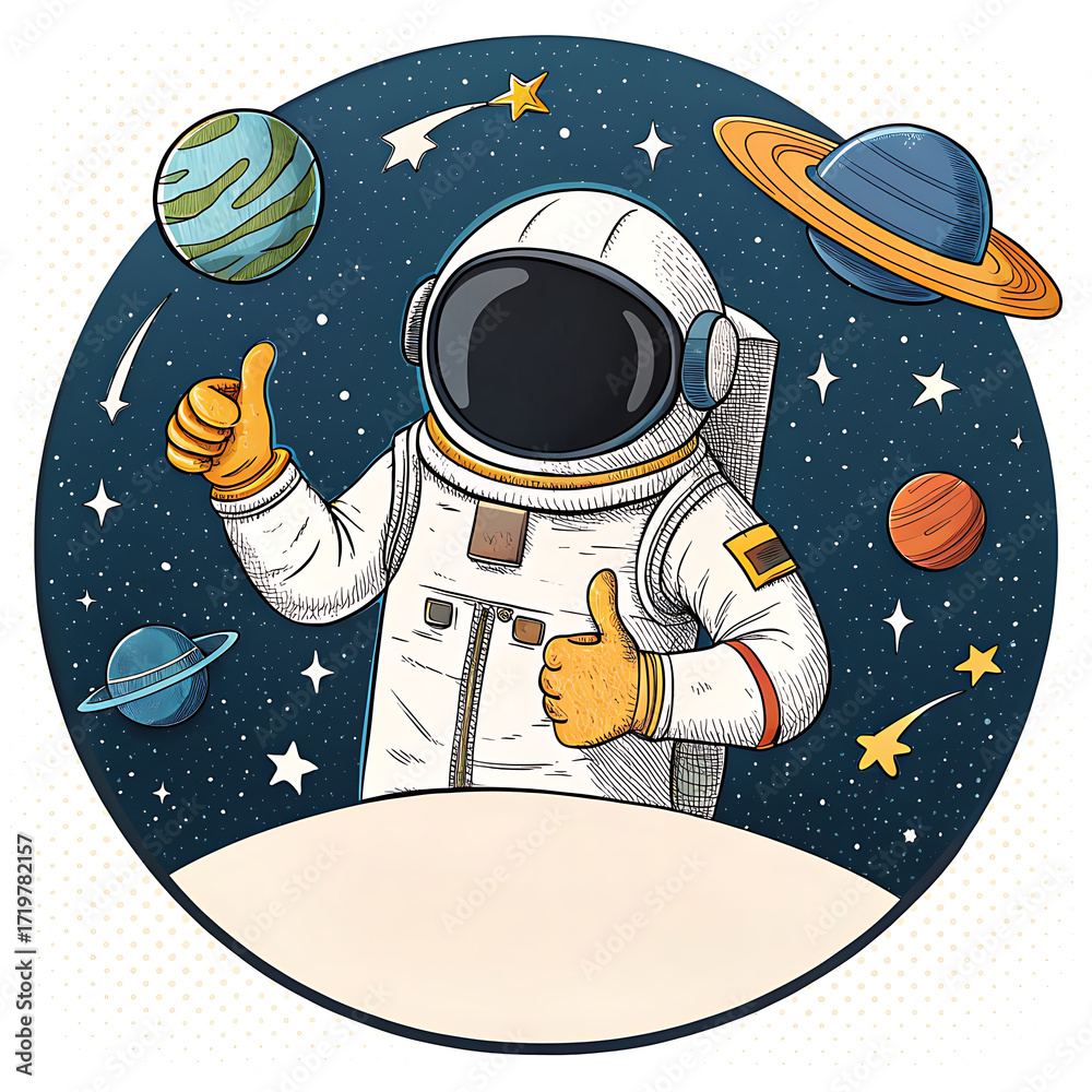 Fototapeta premium Astronaut in a space suit is flying against space next to planets and stars. Vector, 