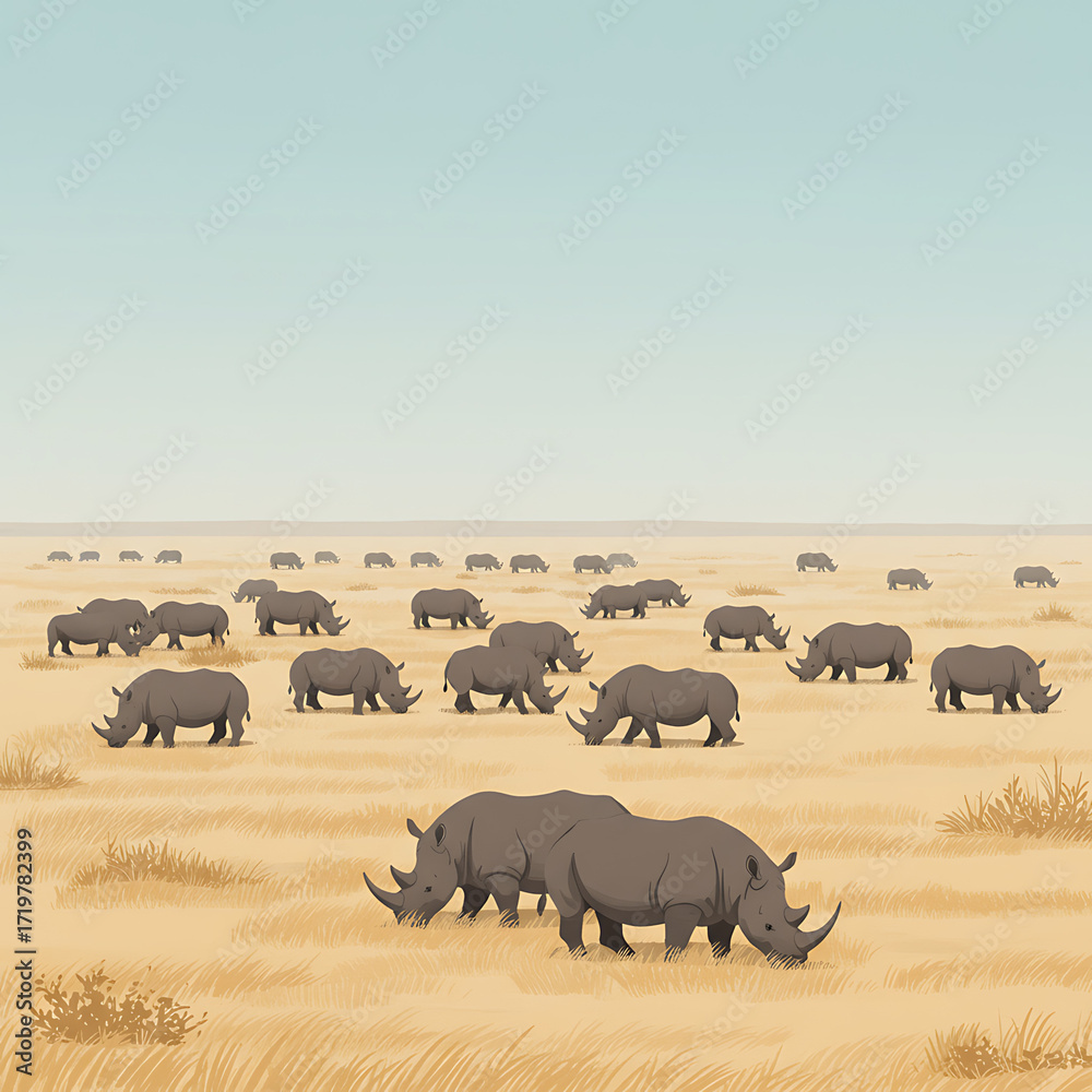 Obraz premium A large group of rhinos graze in a vast, dry grassland under a clear, light blue sky.