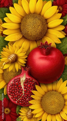 Floral arrangement with pomegranate and sunflower