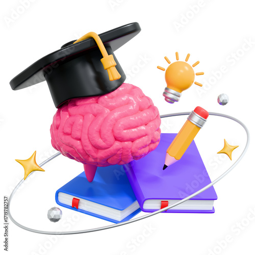 3D Rendering Brain with Graduation Cap and Pencil Academic Learning