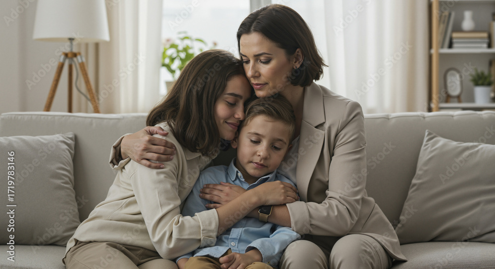 Fototapeta premium Mother cuddling with children on sofa in cozy living room 