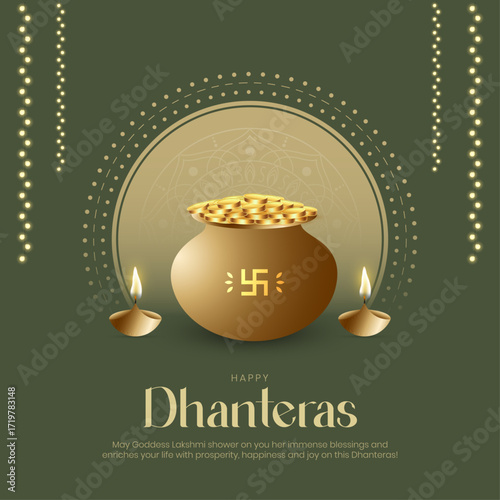 Happy Dhanteras Post and Greeting Card. Indian Festival of Lights and Akshaya Tritiya Celebration Creative Poster with Text Vector Illustration